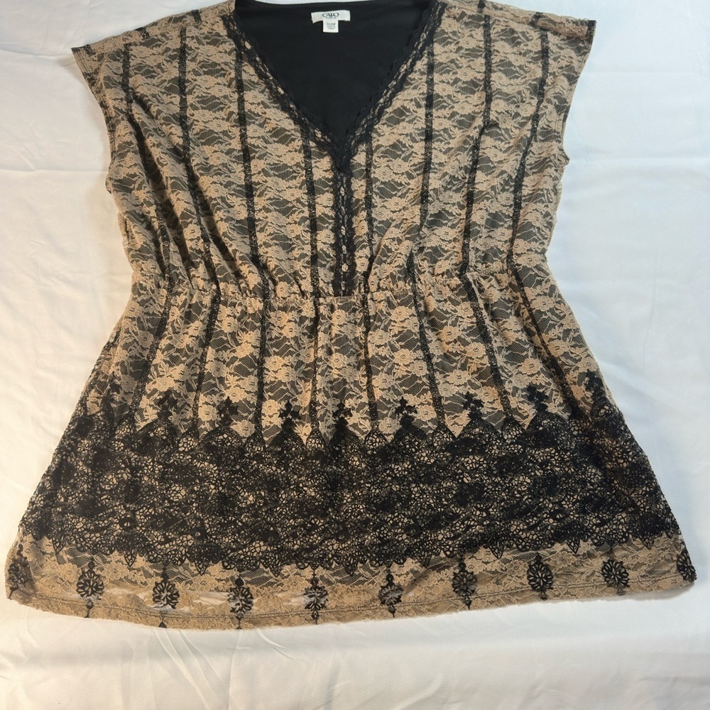 Cato Tan Cap Sleeve Graphic Tunic